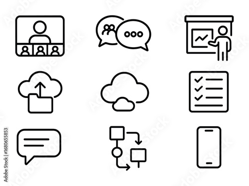 Digital Collaboration Icons. Outline icon set of digital collaboration: video conference, team chat, shared