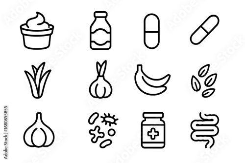 Probiotic Icons Grid. Outline icon set of probiotics and prebiotics: yogurt, kefir, kombucha bottle, probiotic
