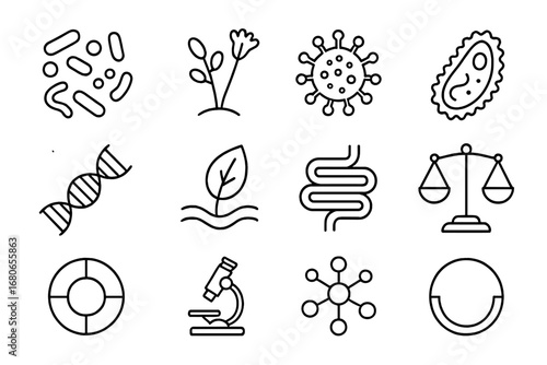 Microbial Diversity Icons. Outline icon set of microbial diversity: bacteria shapes, fungal spore, virus icon,