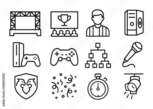 Gaming Tournament Icons. Outline icon set of gaming tournaments: stage, big screen, referee, gaming PC,