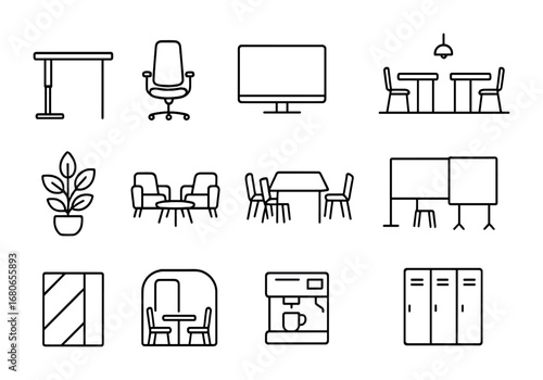 Modern Office Icons. Outline icon set of modern office design: standing desk, ergonomic chair, large screen