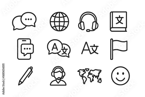 Multilingual Communication Icons. Outline icon set of multilingual communication: speech bubbles, globe,