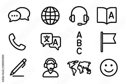Multilingual Communication Icons. Outline icon set of multilingual communication: speech bubbles, globe,