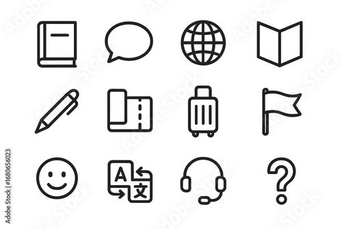 Travel Phrasebook Icons. Outline icon set of travel phrasebooks: small book, speech bubble, globe, map, pen,