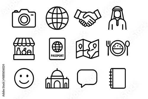 Cultural Discovery Icons. Outline icon set of documentary-style photography of intercultural experiences: