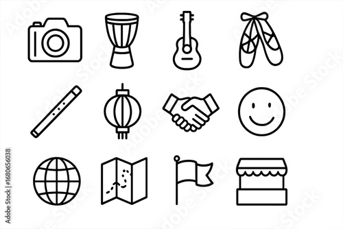 Local Music & Dance Icons. Outline icon set of local music and dance photography: camera, drum, guitar, dance