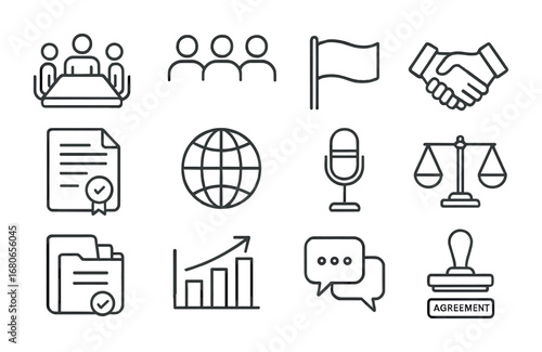 Global Trade Icons. Outline icon set of global trade negotiations: conference table, delegates, flag,