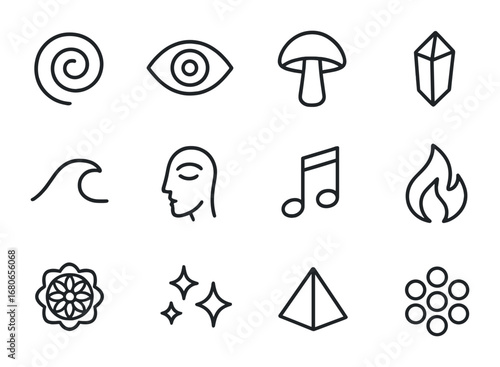 Altered Mind Icon Set. Outline icon set of altered states of mind: spiral, eye, mushroom, crystal, wave,