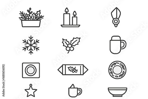 Holiday Decor Icons. Outline icon set of holiday-themed table decor: centerpiece, candles, napkin ring,