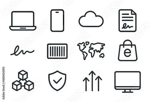 Digital Trade Icons. Outline icon set of digital trade policies: laptop, smartphone, cloud icon, digital