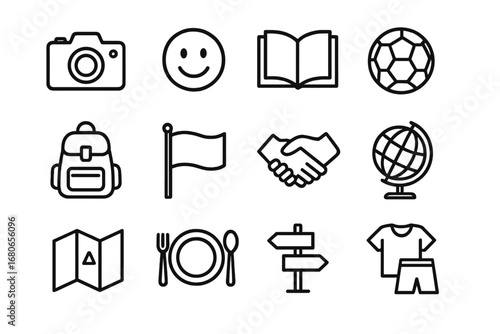 Children's Life Icons. Outline icon set of documenting children’s daily life abroad: camera, smile, book, ball