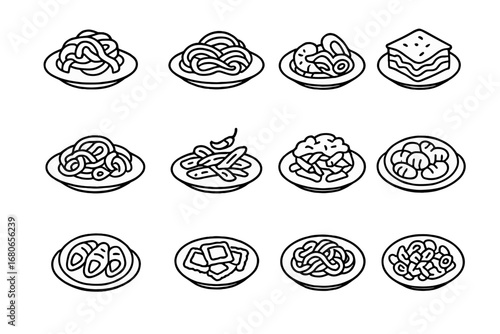 Gourmet Pasta Icons. Outline icon set of cyber incident response: alert siren, shield repair, report document,
