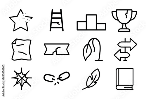 Unfulfilled Dreams Icons. Outline icon set of unrealized potential: fading star, broken ladder, empty podium,