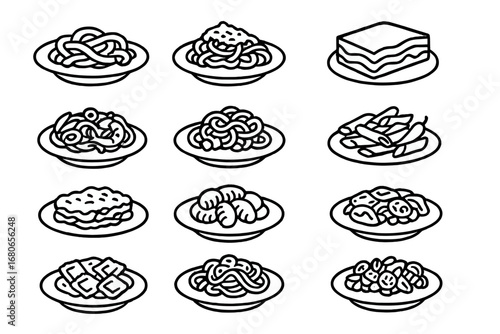 Gourmet Pasta Icons. Outline icon set of gourmet pasta dishes: fettuccine alfredo, spaghetti bolognese,