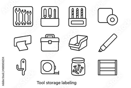 Tool Storage Icons. Outline icon set of tool storage labeling: wrench set, screwdriver box, drill bit case,