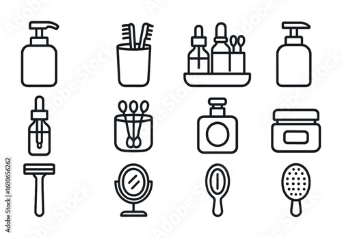 Bathroom Counter Icons. Outline icon set of bathroom countertop organization: soap dispenser, toothbrush cup,