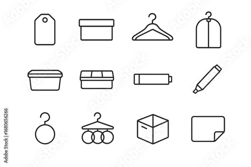 Closet Organization Icons. Outline icon set of closet organization labels: clothing tag, shoe box, hanger,