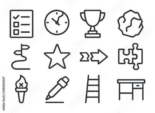 Unrealized Goals Icons. Outline icon set of unaccomplished goals: unfinished checklist, broken clock, empty