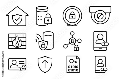 IoT Privacy Icon Set. Outline icon set of IoT device privacy tools: smart home shield, encrypted smart speaker