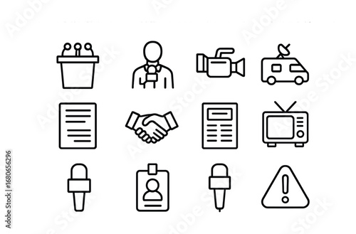 Crisis PR Icon Set. Outline icon set of public relations during crisis: press conference podium, journalist,