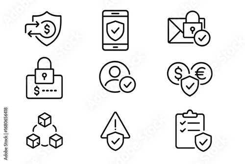 Secure Remittance Icons. Outline icon set of secure remittance systems: money transfer shield, secure mobile