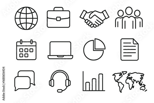 Global Workforce Icons. Outline icon set of global workforce management: globe, briefcase, handshake, diverse
