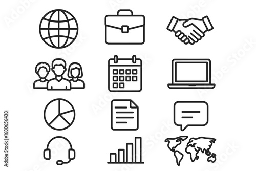 Global Workforce Icons. Outline icon set of global workforce management: globe, briefcase, handshake, diverse