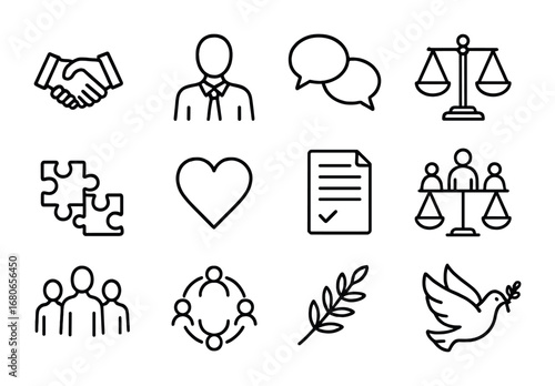 Conflict Resolution Icons. Outline icon set of conflict resolution: handshake, mediator figure, discussion