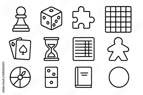 Board Game Icons. Outline icon set of board games and puzzles: chess piece, dice, puzzle piece, game board,