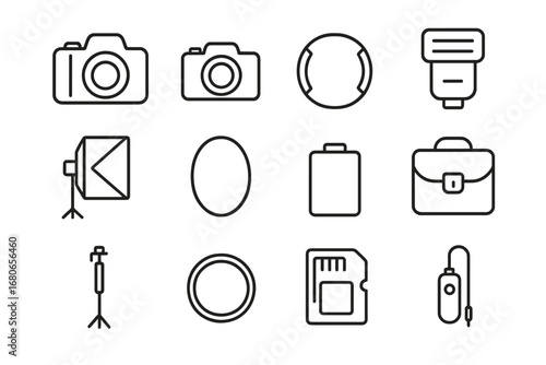 Photography Gear Icons. Outline icon set of photography gear: DSLR camera, mirrorless camera, lens cap, flash,
