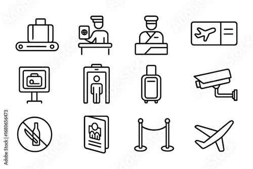 Airport Security Icons. Outline icon set of airport security tips: luggage scanner, passport control, customs