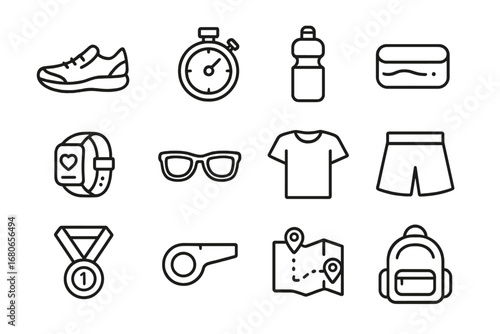 Running Gear Icons. Outline icon set of running and jogging: running shoes, stopwatch, water bottle, sweatband