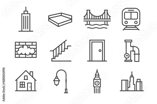 Urban Exploration Icons. Outline icon set of urban exploration photography: skyscraper, rooftop, bridge,