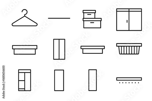 Minimalist Closet Icons. Outline icon set of minimalist closet design: plain hangers, slim shelf, monochrome