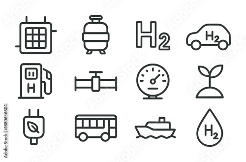 Hydrogen Energy Icons. Outline icon set of hydrogen energy tech: hydrogen fuel cell, hydrogen tank, H2 logo,