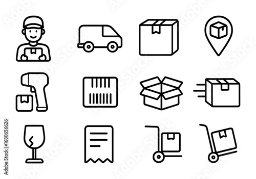 Package Delivery Icons. Outline icon set of package delivery: courier, delivery van, parcel box, tracking