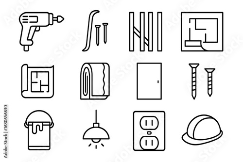 Closet Renovation Icons. Outline icon set of closet renovation: demolition hammer, pry bar, nails, wall studs,