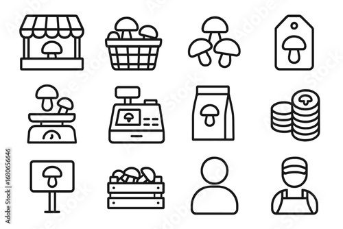 Mushroom Market Icons. Outline icon set of mushroom market selling: stall, basket, mushroom pile, price tag,
