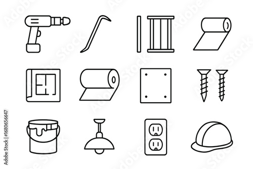 Closet Renovation Icons. Outline icon set of closet renovation: demolition hammer, pry bar, nails, wall studs,