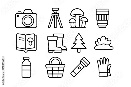 Mushroom Photography Icons. Outline icon set of mushroom photography in forest: camera, tripod, mushroom