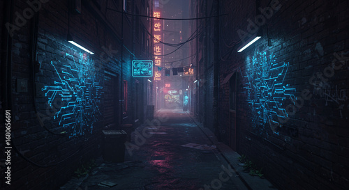 glowing cyberpunk alley with neon circuit design