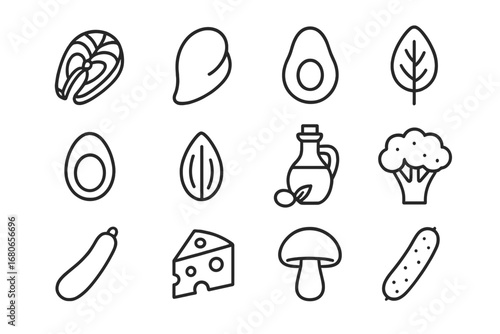 Low-Carb Foods Icons. Outline icon set of low-carb foods: salmon fillet, chicken breast, avocado, spinach leaf