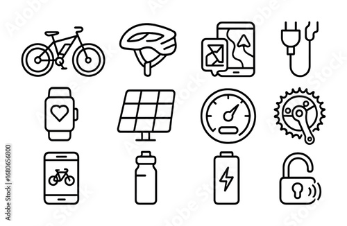 Smart Cycling Icon Set. Outline icon set of smart cycling: e-bike, helmet, GPS map, charging plug, fitness
