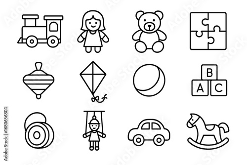 Handmade Toys Icon Set. Outline icon set of handmade toys trade: wooden train, doll, stuffed bear, puzzle,