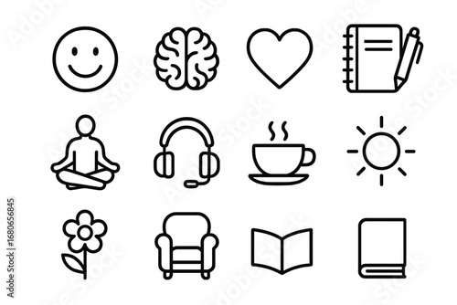 Mental Health Icons. Outline icon set of mental health support for patients: smile icon, brain, heart, diary,