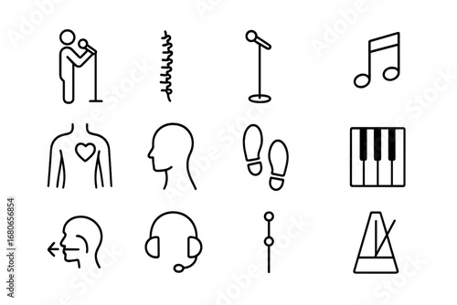 Singing Posture Icon Set. Outline icon set of singing posture and alignment: standing singer, spine diagram,