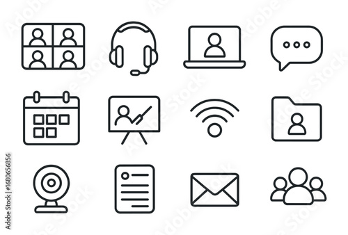 Online Study Icons. Outline icon set of online group study: video call screen, headphones, laptop, chat bubble