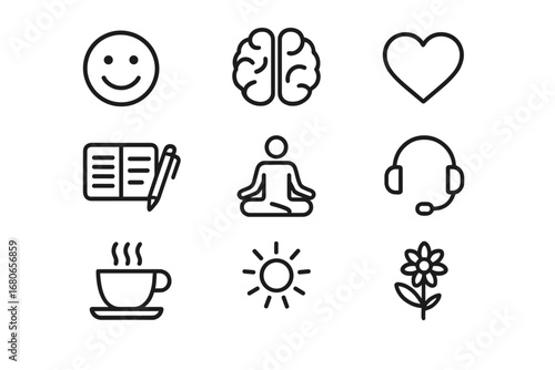 Mental Health Icons. Outline icon set of mental health support for patients: smile icon, brain, heart, diary,