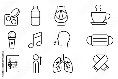 Vocal Care Icons. Outline icon set of vocal health care: throat lozenge, water bottle, vocal cord diagram, tea
