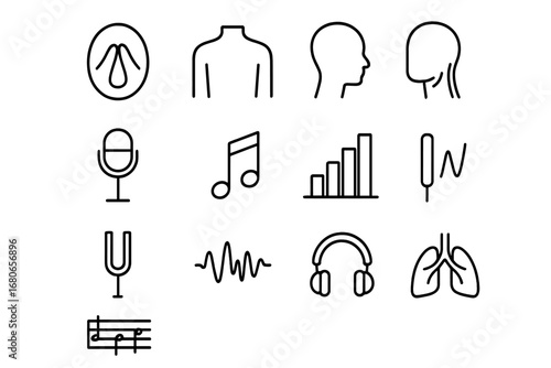 Vocal Resonance Icon Set. Outline icon set of vocal resonance techniques: vocal cord diagram, chest icon, head
